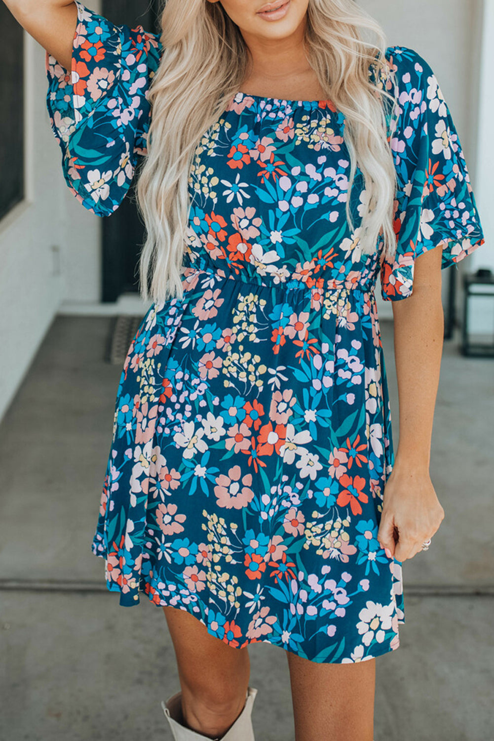 Blue Boho Floral Print Mini Dress | JB Boutique