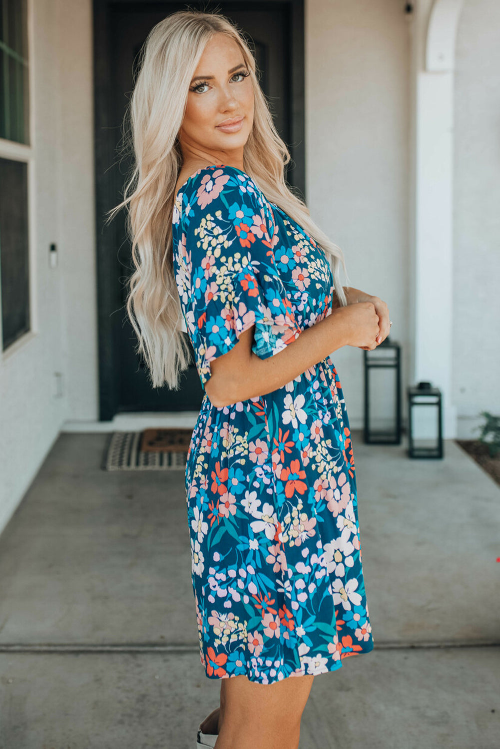 Blue Boho Floral Print Mini Dress | JB Boutique