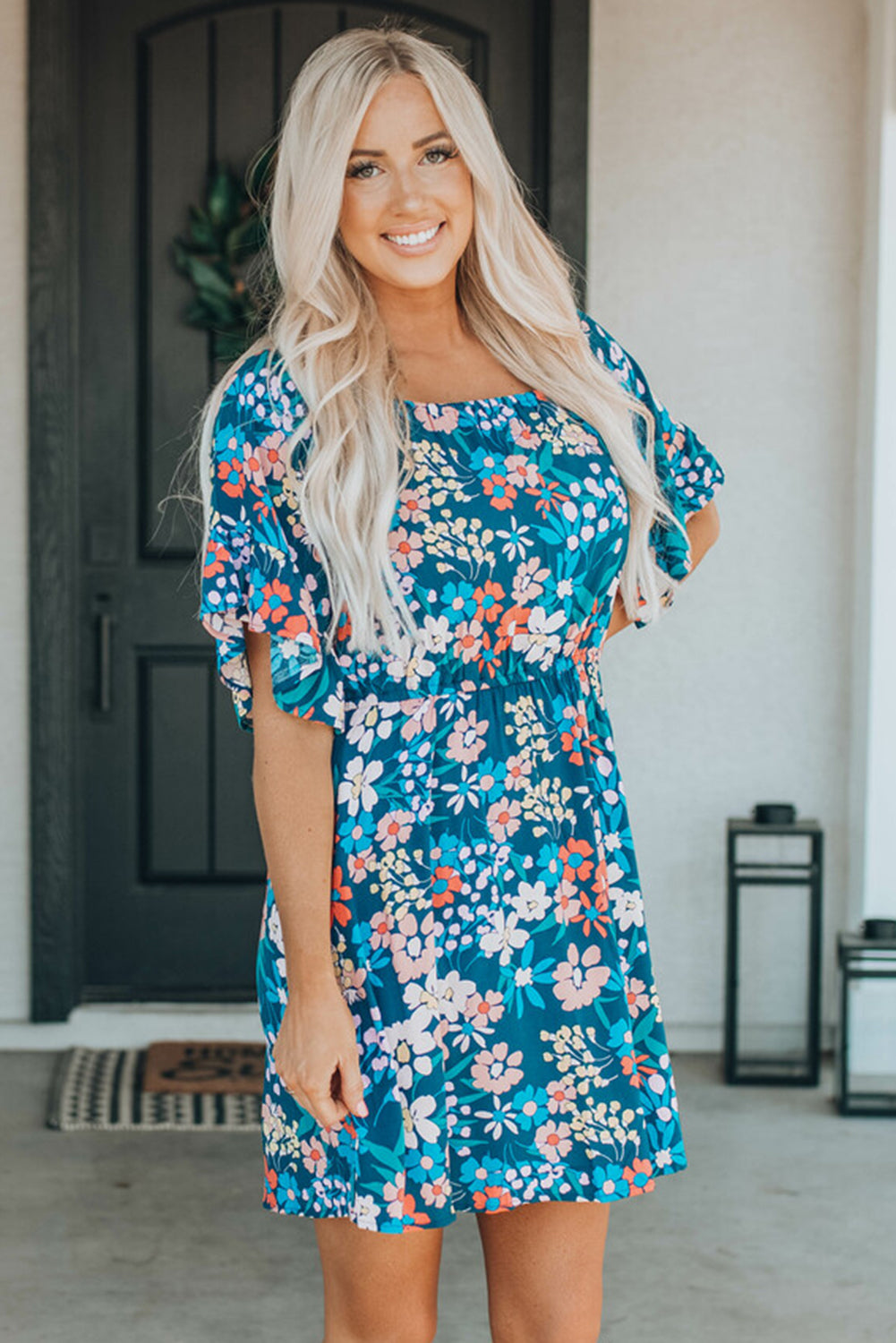Blue Boho Floral Print Mini Dress | JB Boutique