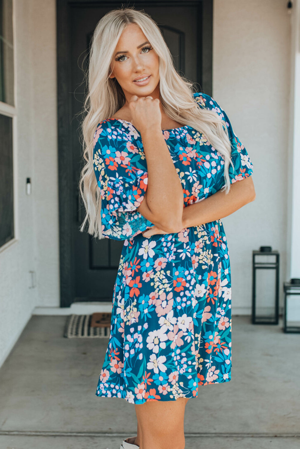 Blue Boho Floral Print Mini Dress | JB Boutique