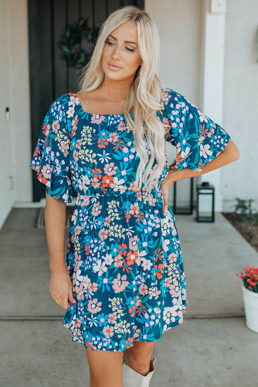 Blue Boho Floral Print Mini Dress | JB Boutique
