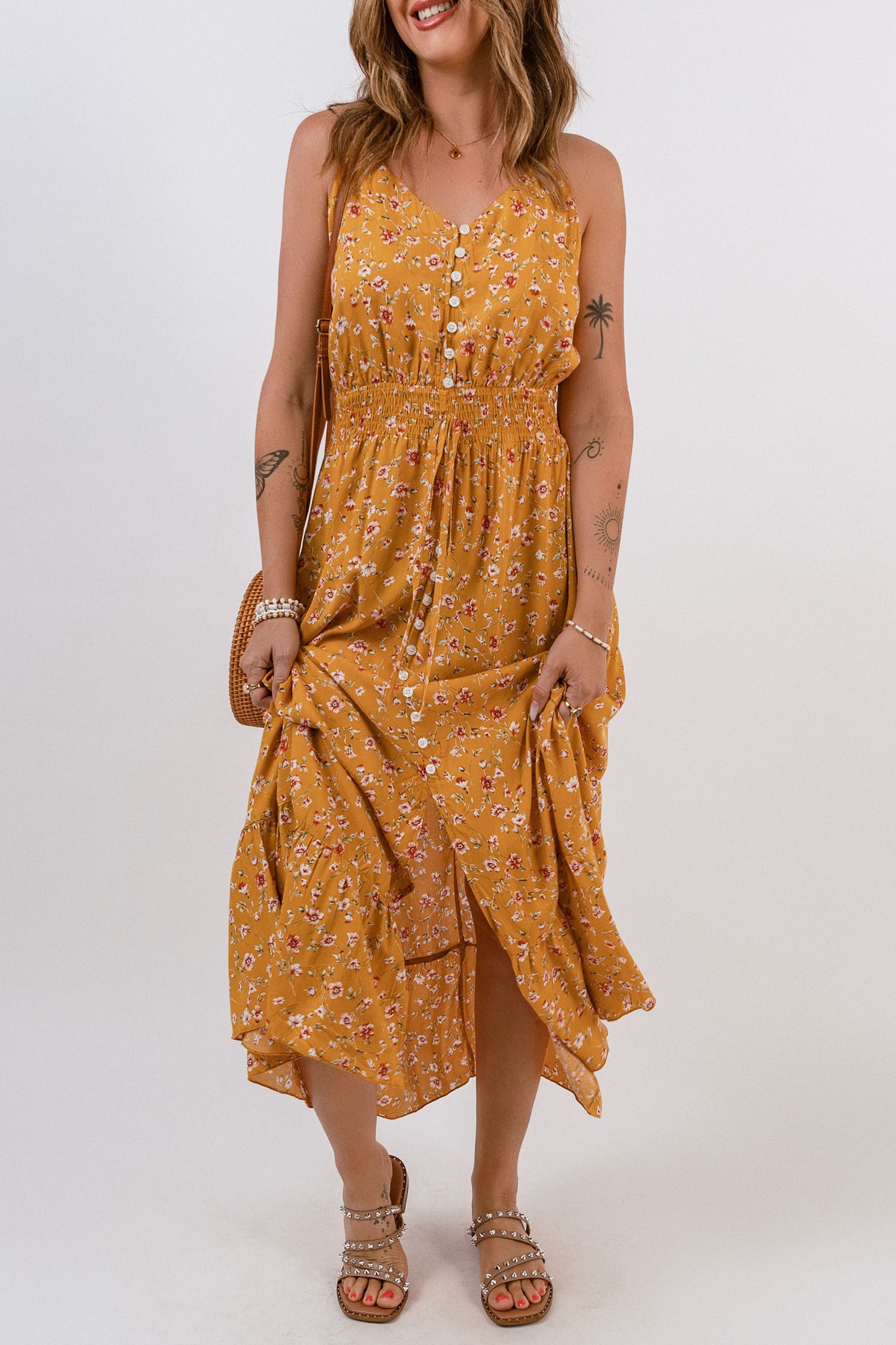 V-Neck Elastic Waist Floral Maxi Dress| JB Boutique