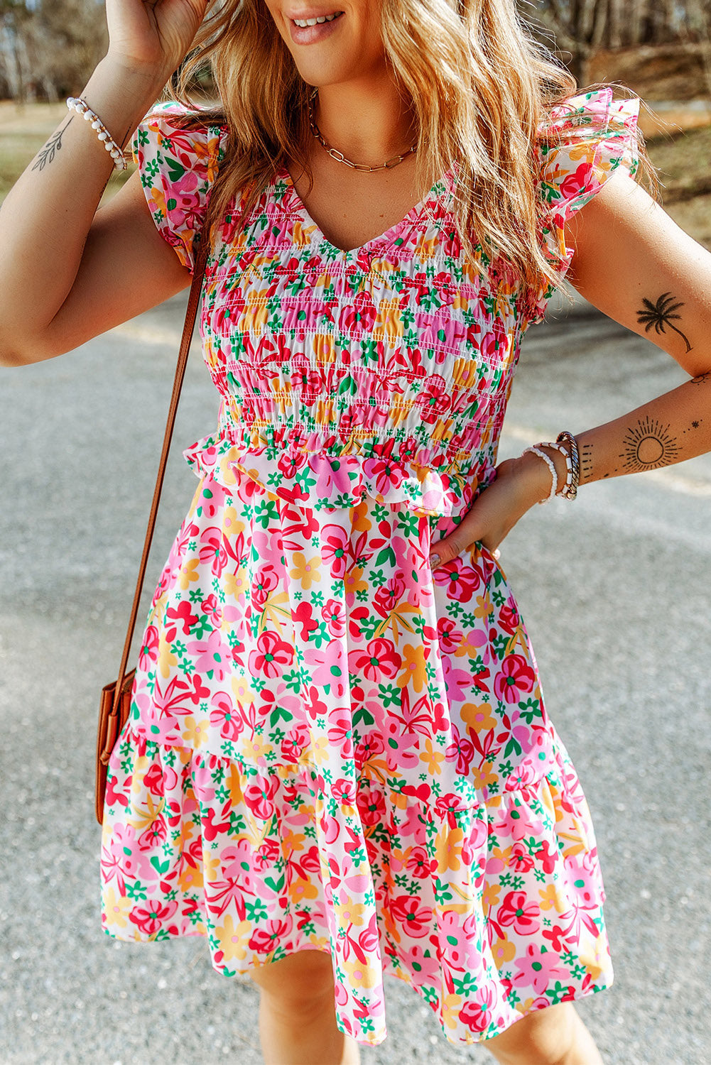 Smocked Bodice Ruffle Trim Floral Mini Dress | JB Boutique