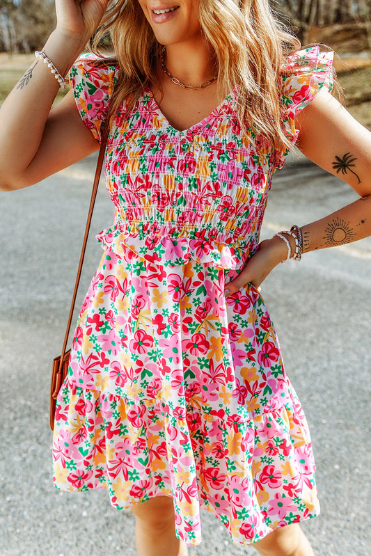 Smocked Bodice Ruffle Trim Floral Mini Dress | JB Boutique