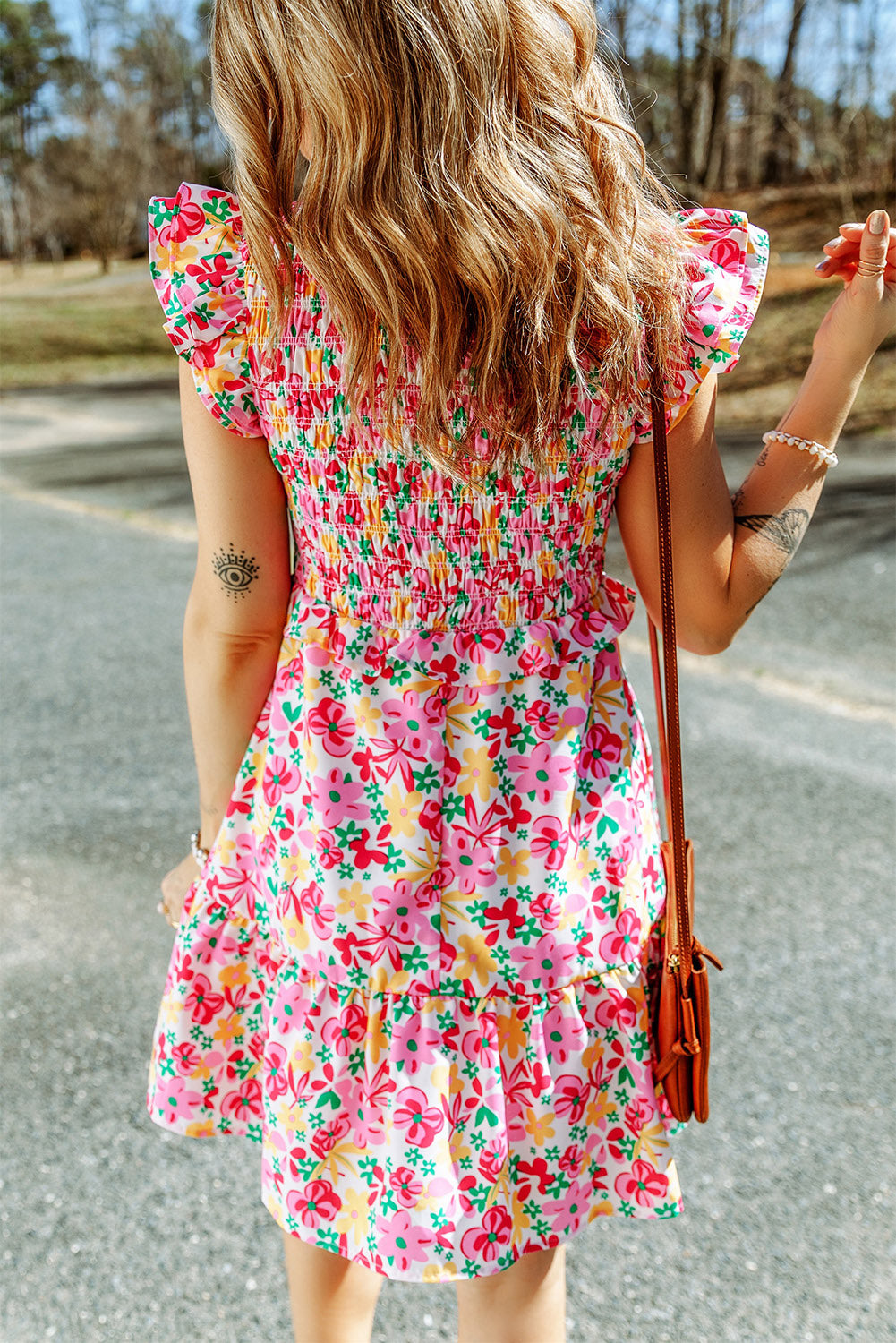 Smocked Bodice Ruffle Trim Floral Mini Dress | JB Boutique