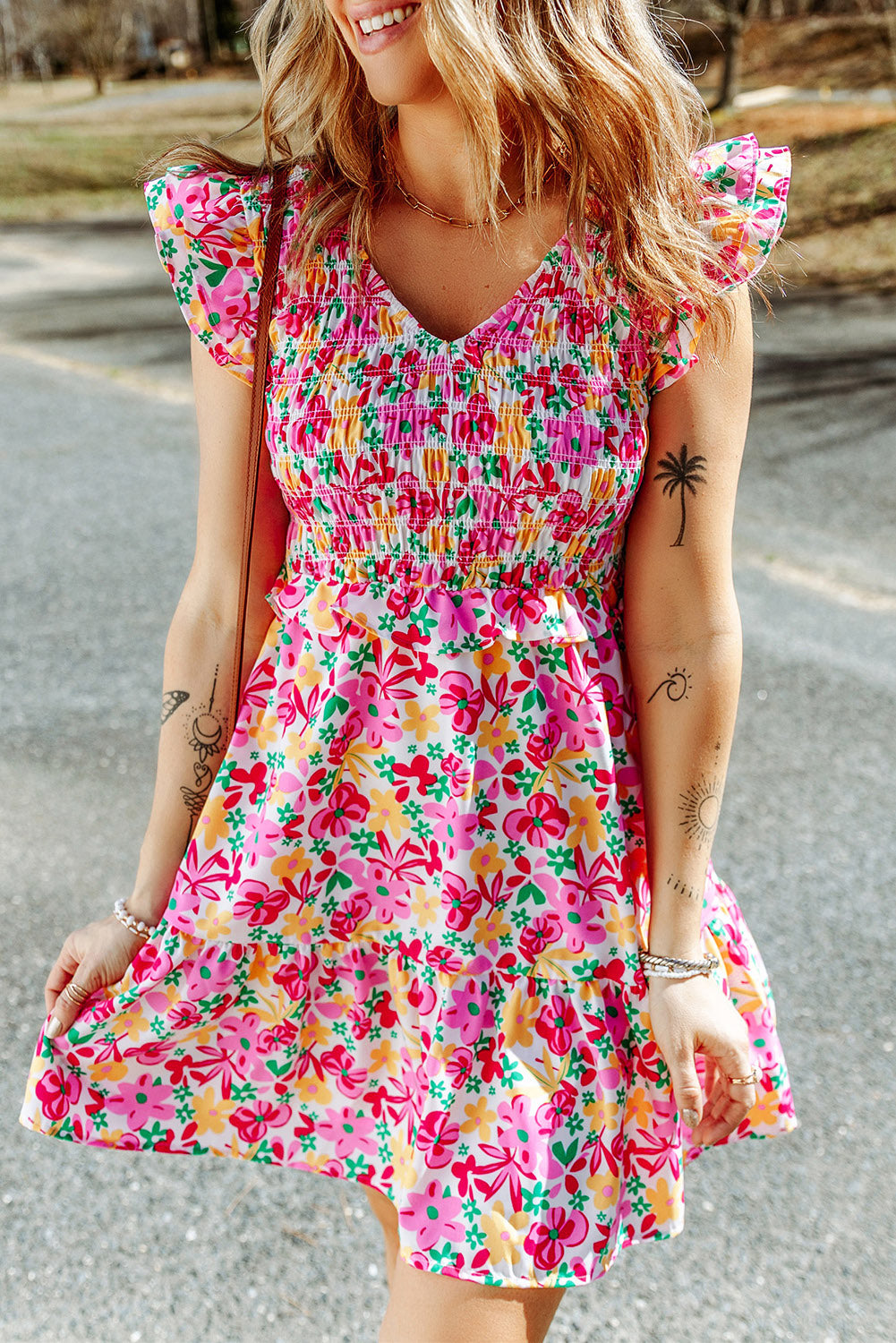 Smocked Bodice Ruffle Trim Floral Mini Dress | JB Boutique