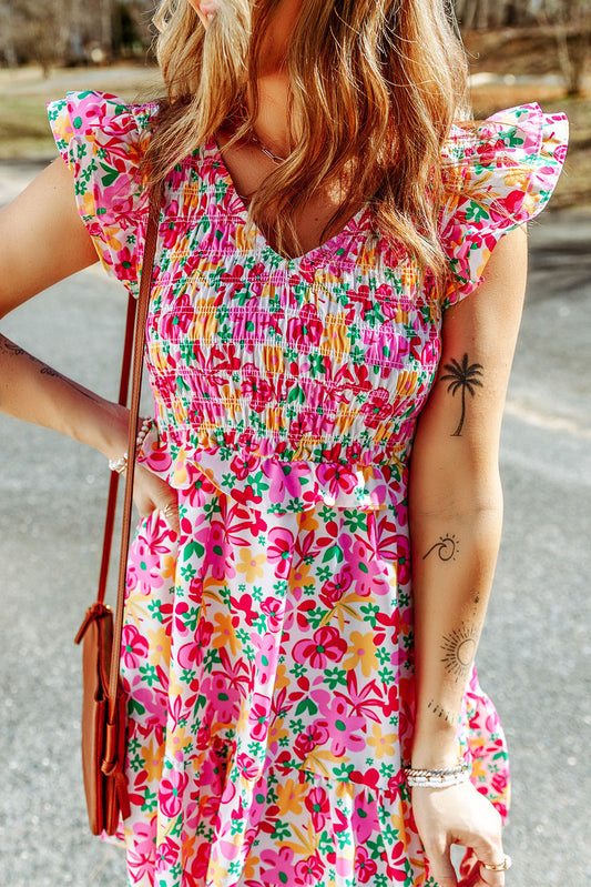 Smocked Bodice Ruffle Trim Floral Mini Dress | JB Boutique