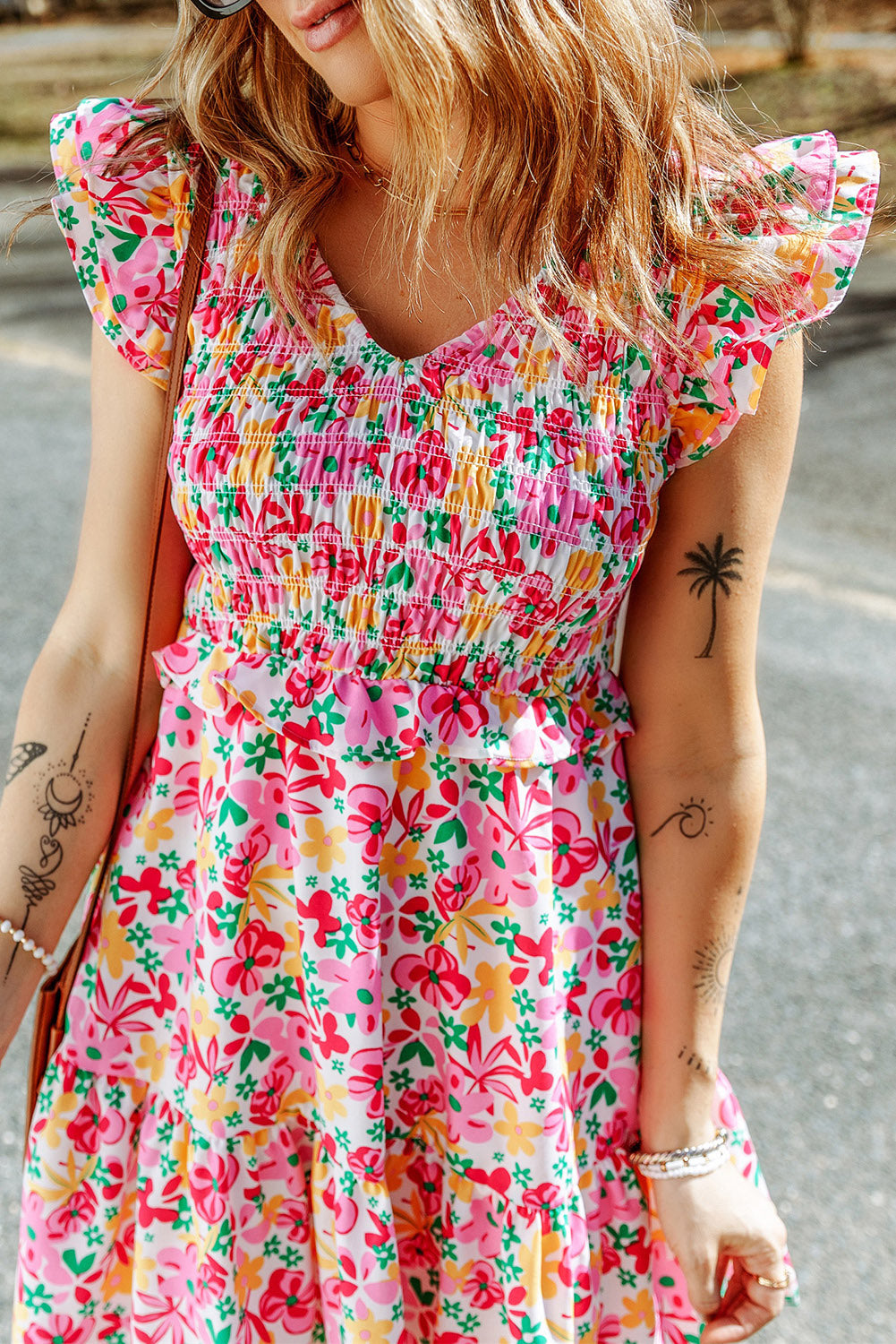 Smocked Bodice Ruffle Trim Floral Mini Dress | JB Boutique