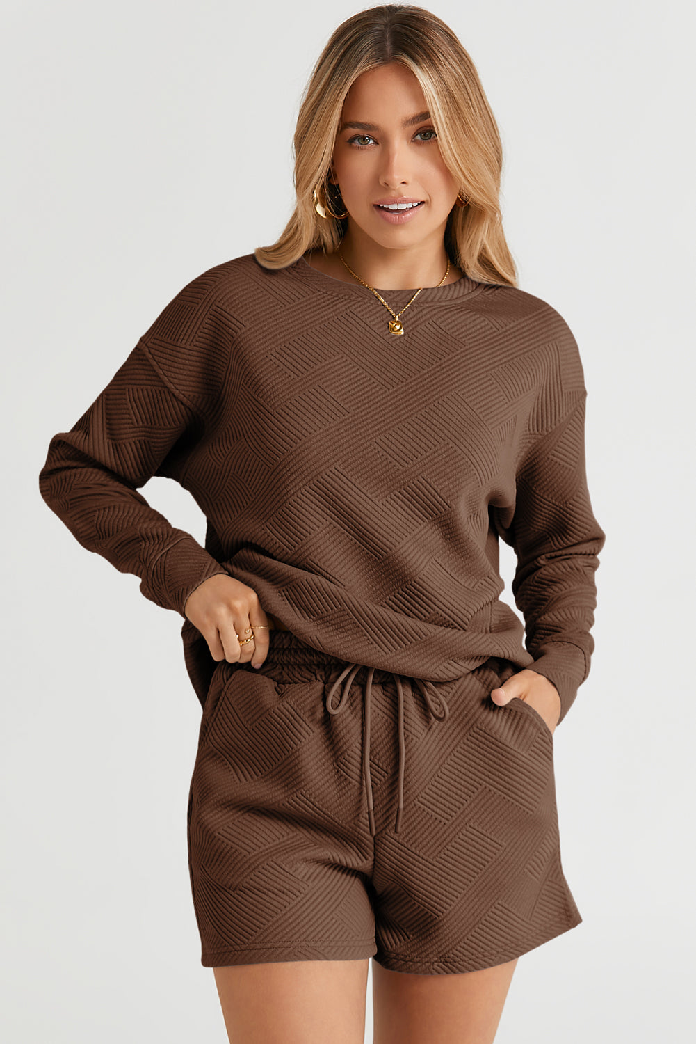 Brown Textured Long Sleeve Top and Drawstring Shorts Set | JB Boutique |