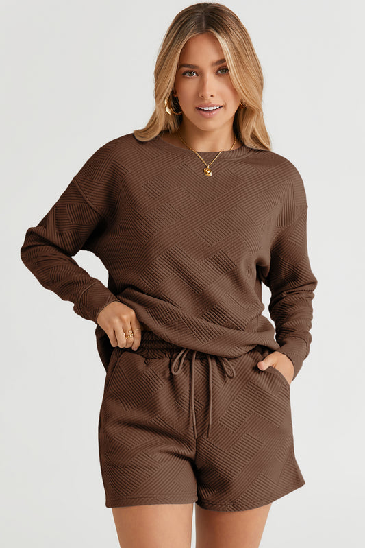 Brown Textured Long Sleeve Top and Drawstring Shorts Set | JB Boutique |