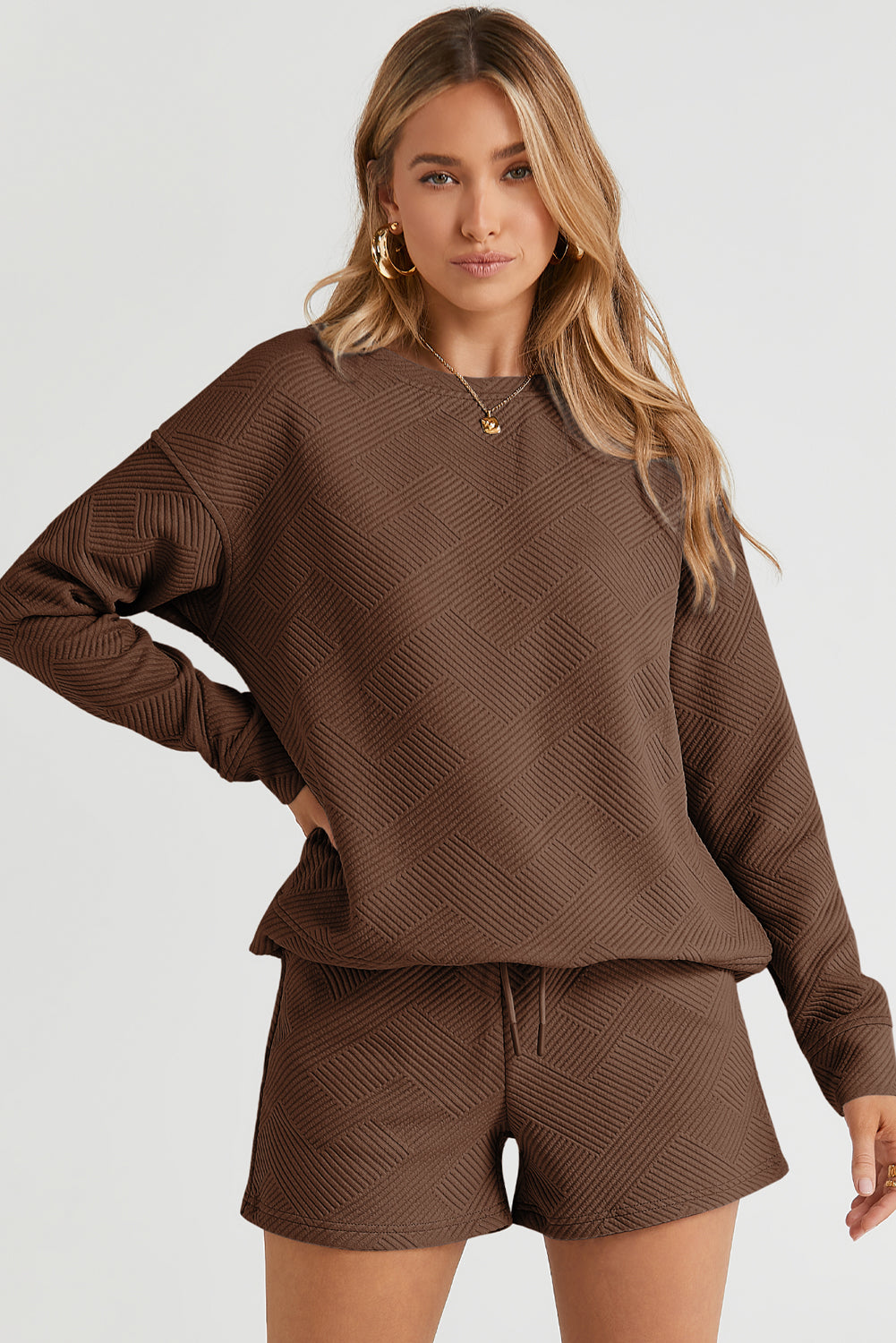 Brown Textured Long Sleeve Top and Drawstring Shorts Set | JB Boutique |