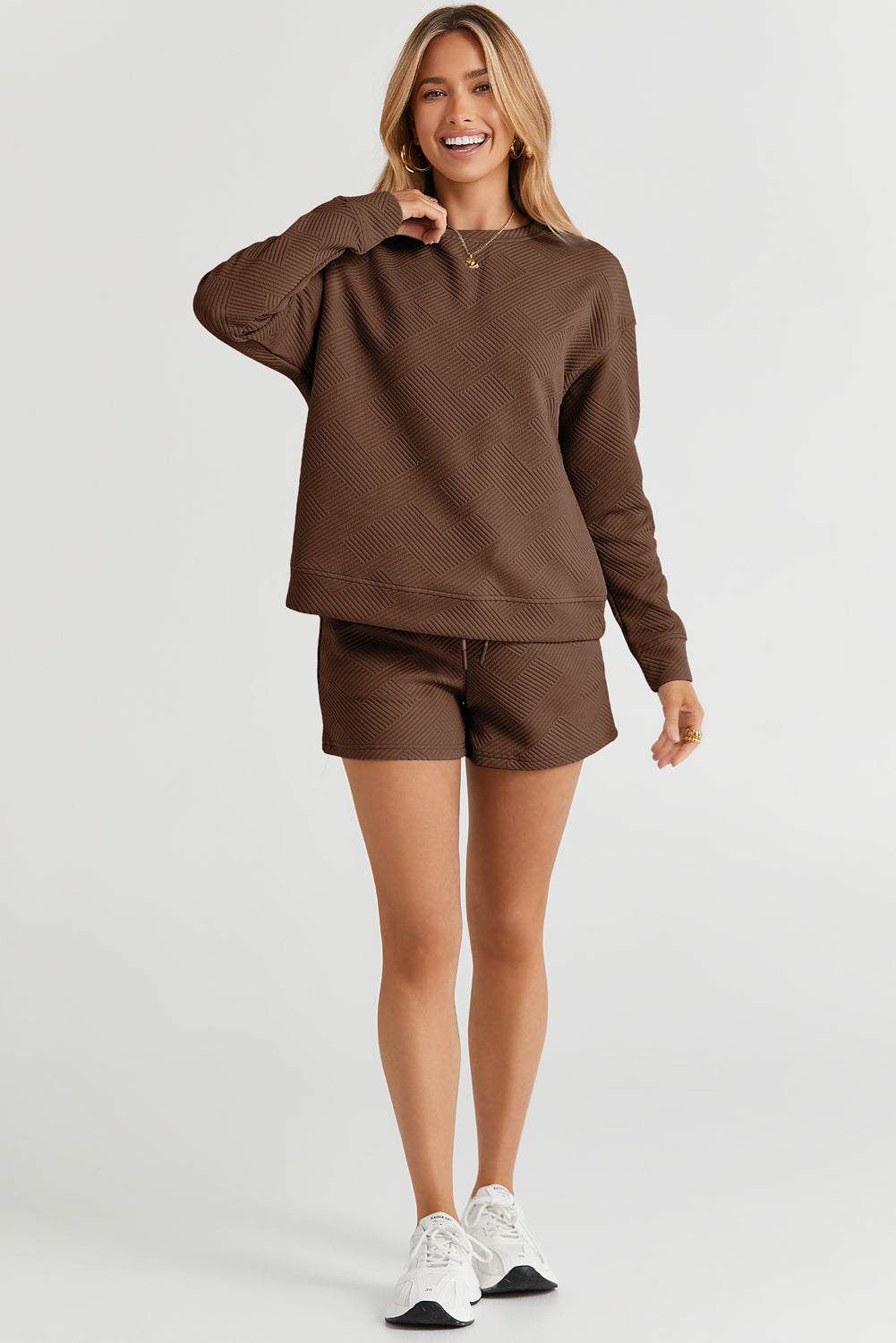 Brown Textured Long Sleeve Top and Drawstring Shorts Set | JB Boutique |