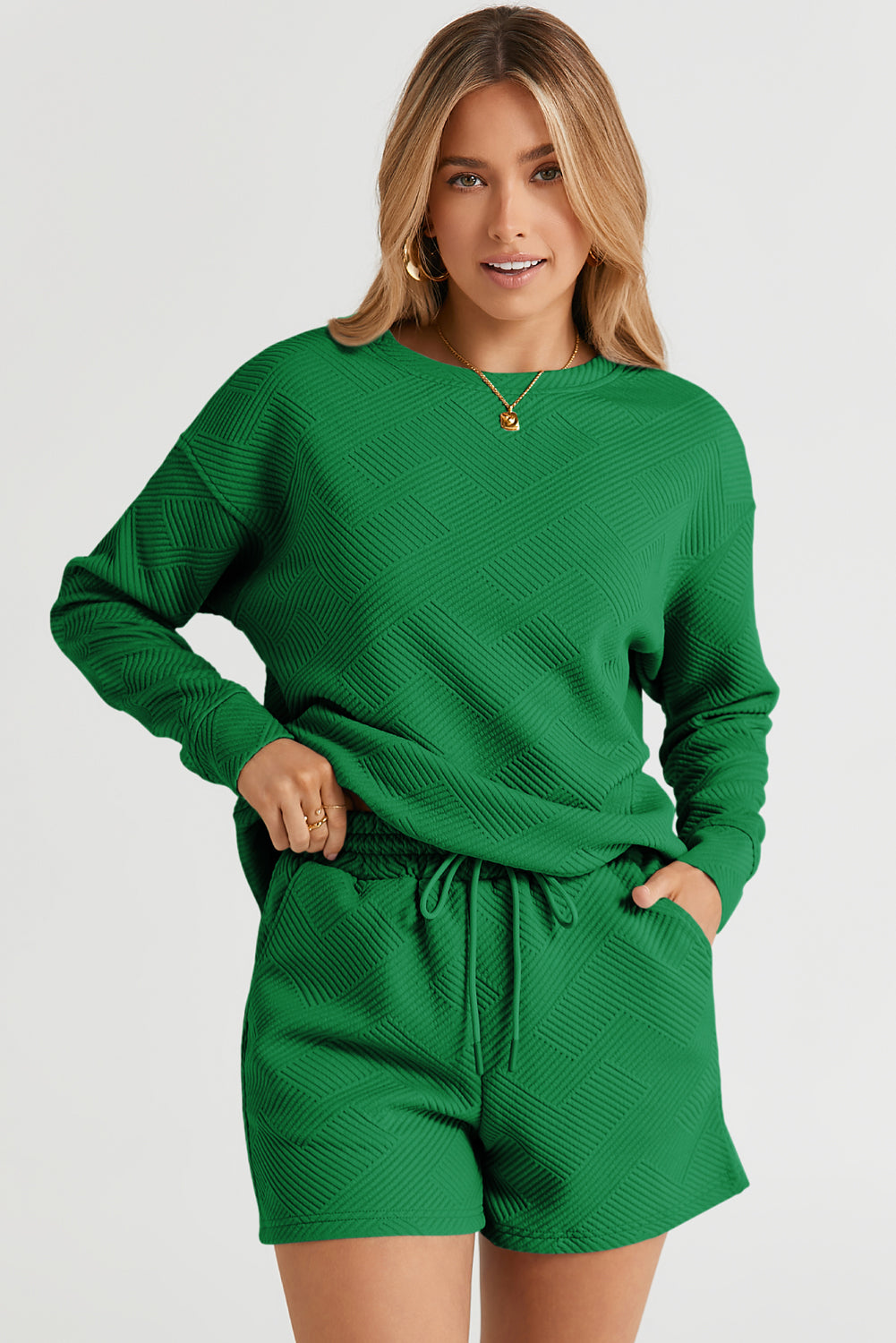 Green Textured Long Sleeve Top and Drawstring Shorts Set | JB Boutique |