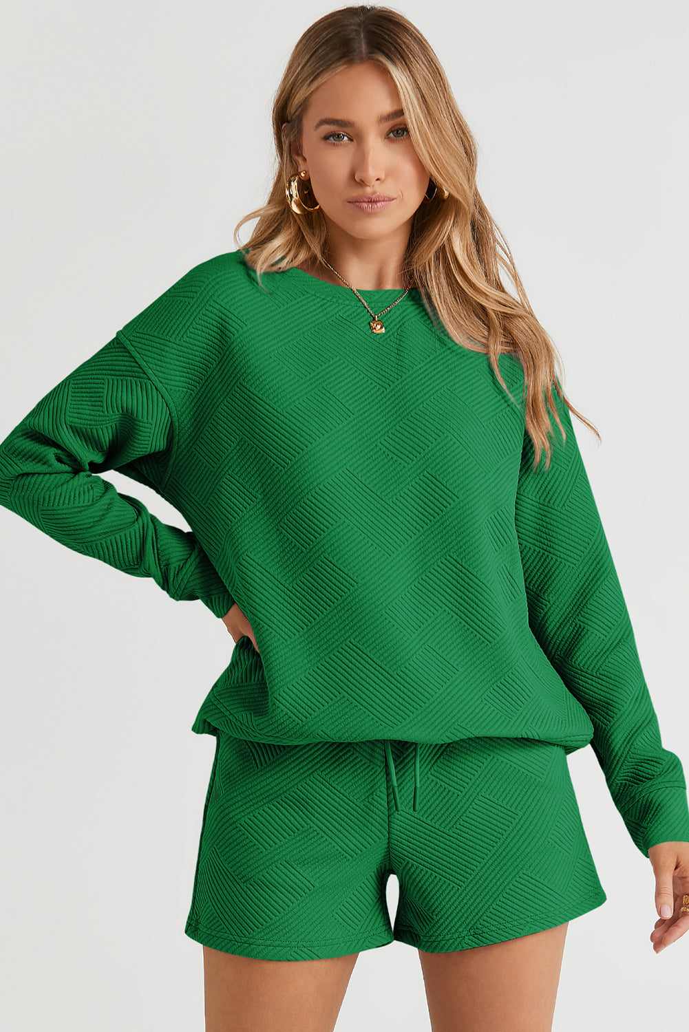 Green Textured Long Sleeve Top and Drawstring Shorts Set | JB Boutique |