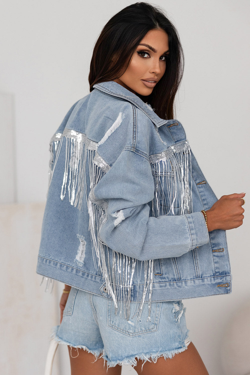 Sequins Fringe Distressed Denim Jacket | JB Boutique |