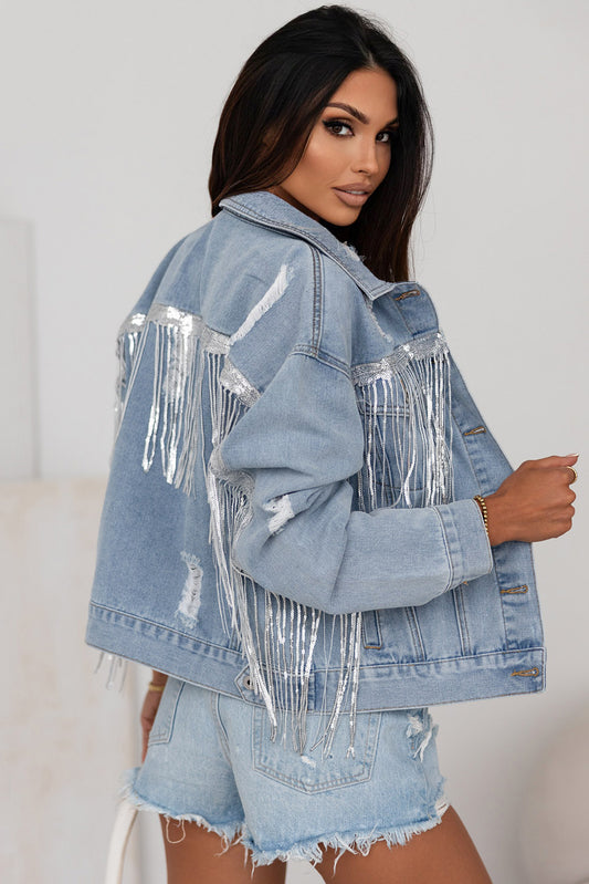 Sequins Fringe Distressed Denim Jacket | JB Boutique |