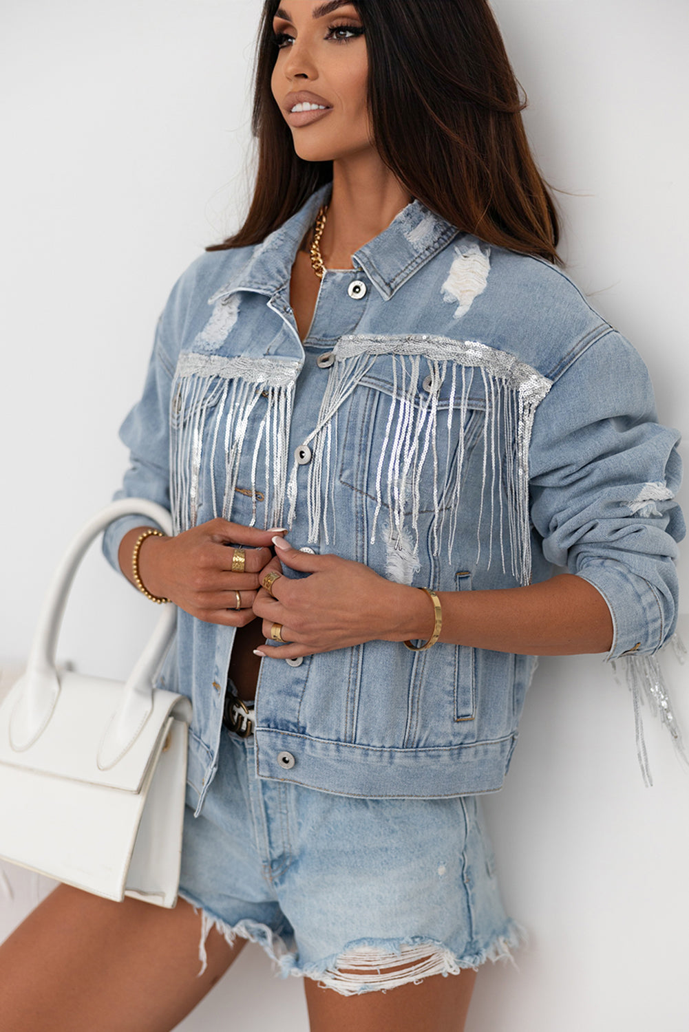 Sequins Fringe Distressed Denim Jacket | JB Boutique |
