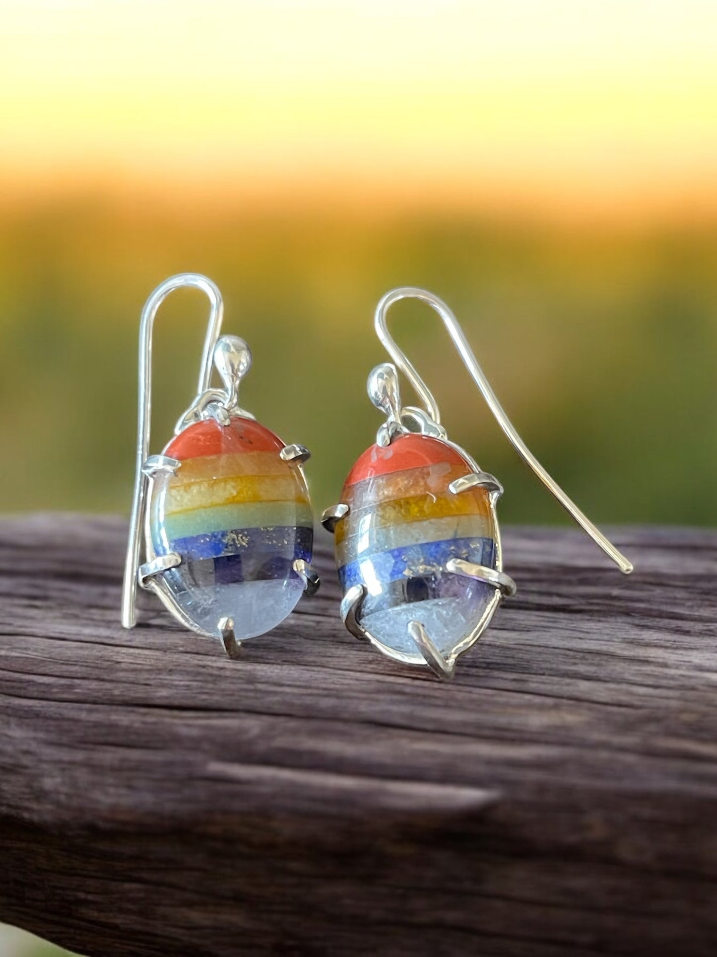 Sterling Silver Rainbow Earrings, Handmade Basket Settings