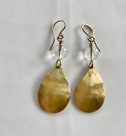 Handmade Hammered Teardrop Bronze and 14K Gold Filled Earrings with Rock Crystal