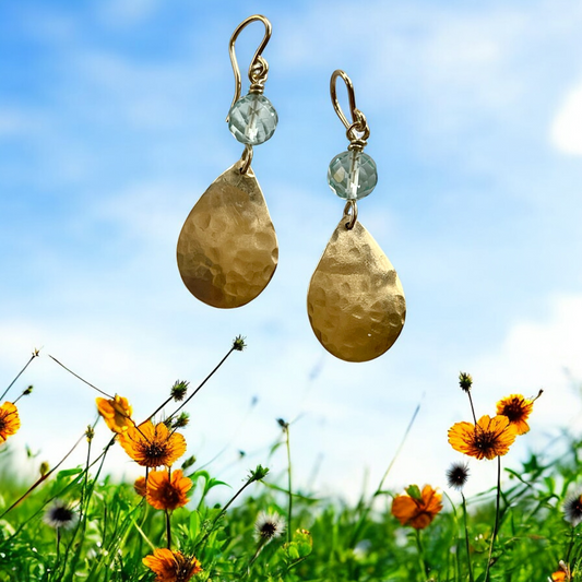 Handmade Hammered Bronze and 14K GF Long Drop Earrings with Faceted Aquamarine
