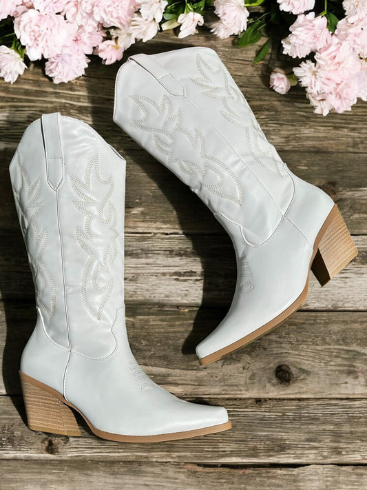 White Blossom Western Boots - Made in Chic