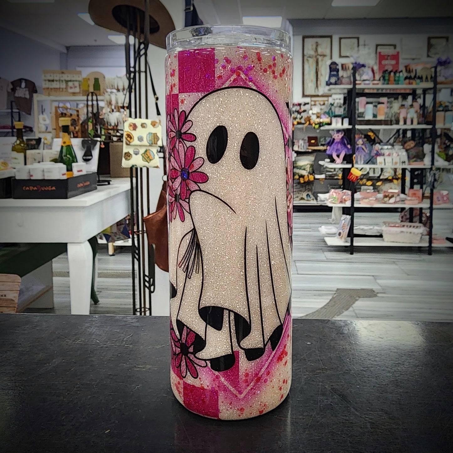 Pink Checkered Ghost - 20 oz Skinny - Glitter Boss