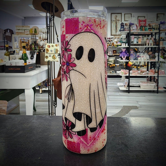 Pink Checkered Ghost - 20 oz Skinny - Glitter Boss