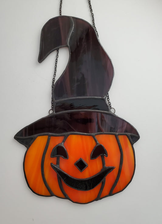 Halloween Stained Glass Suncatcher Pumpkin with Hat
