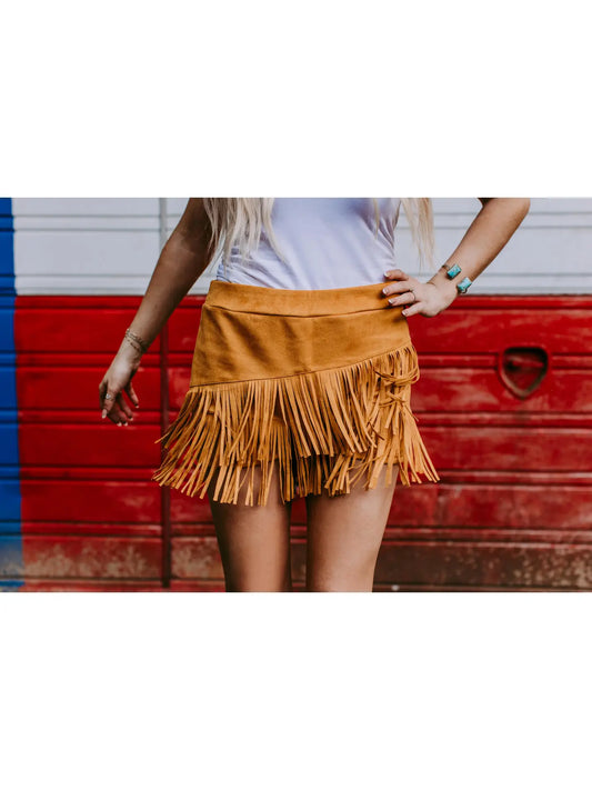 Suede Fringe Front Shorts - Mustard