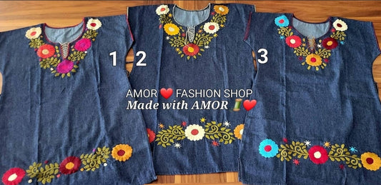 Denim Hand Embroider Sleeves Dress @amorfashionshop