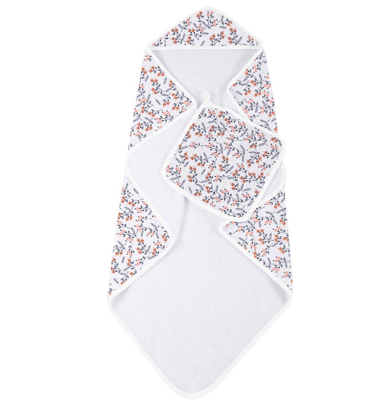 Dahlia Floral Bamboo Hooded Towel and Washcloth Set- Oak and Rose