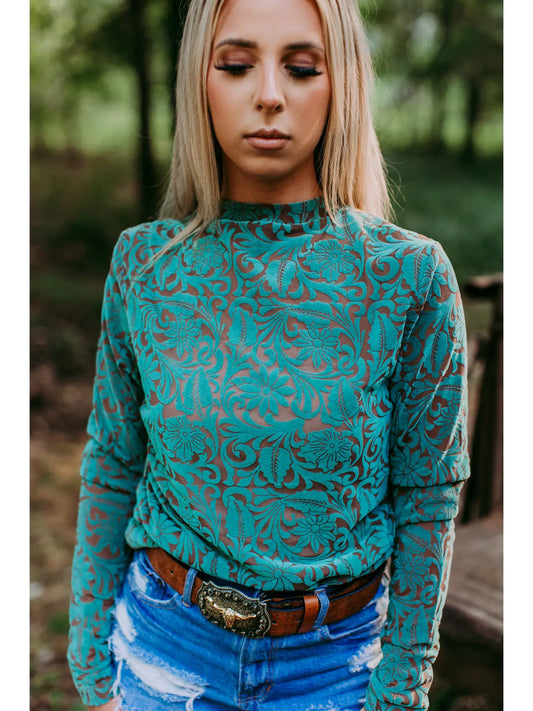 Tooled Teal Mesh Top