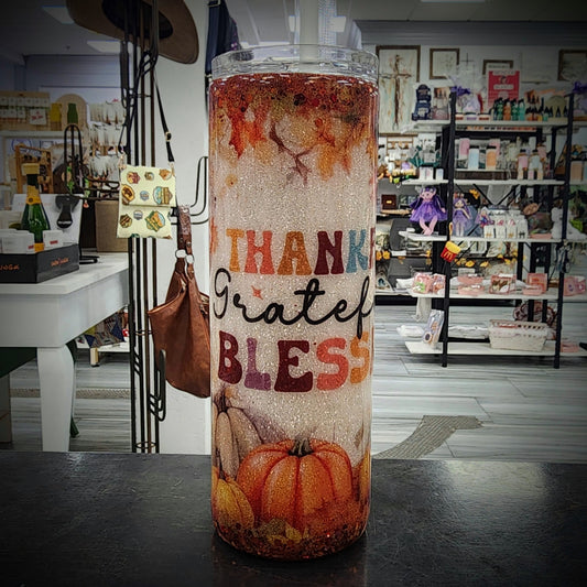 Thankful Grateful Blessed Pumpkin - 20 oz - Glitter Boss