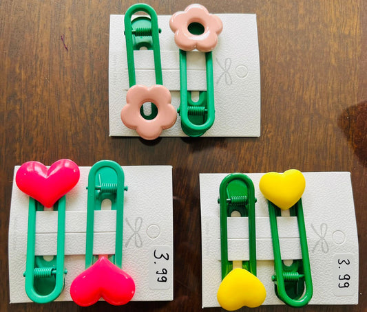 Hair Clips - Set of 2 (mix colors & varieties- flower/ big hearts/ small hearts)