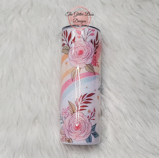 Flowers and Color Swirl - 20 oz Skinny - Glitter Boss