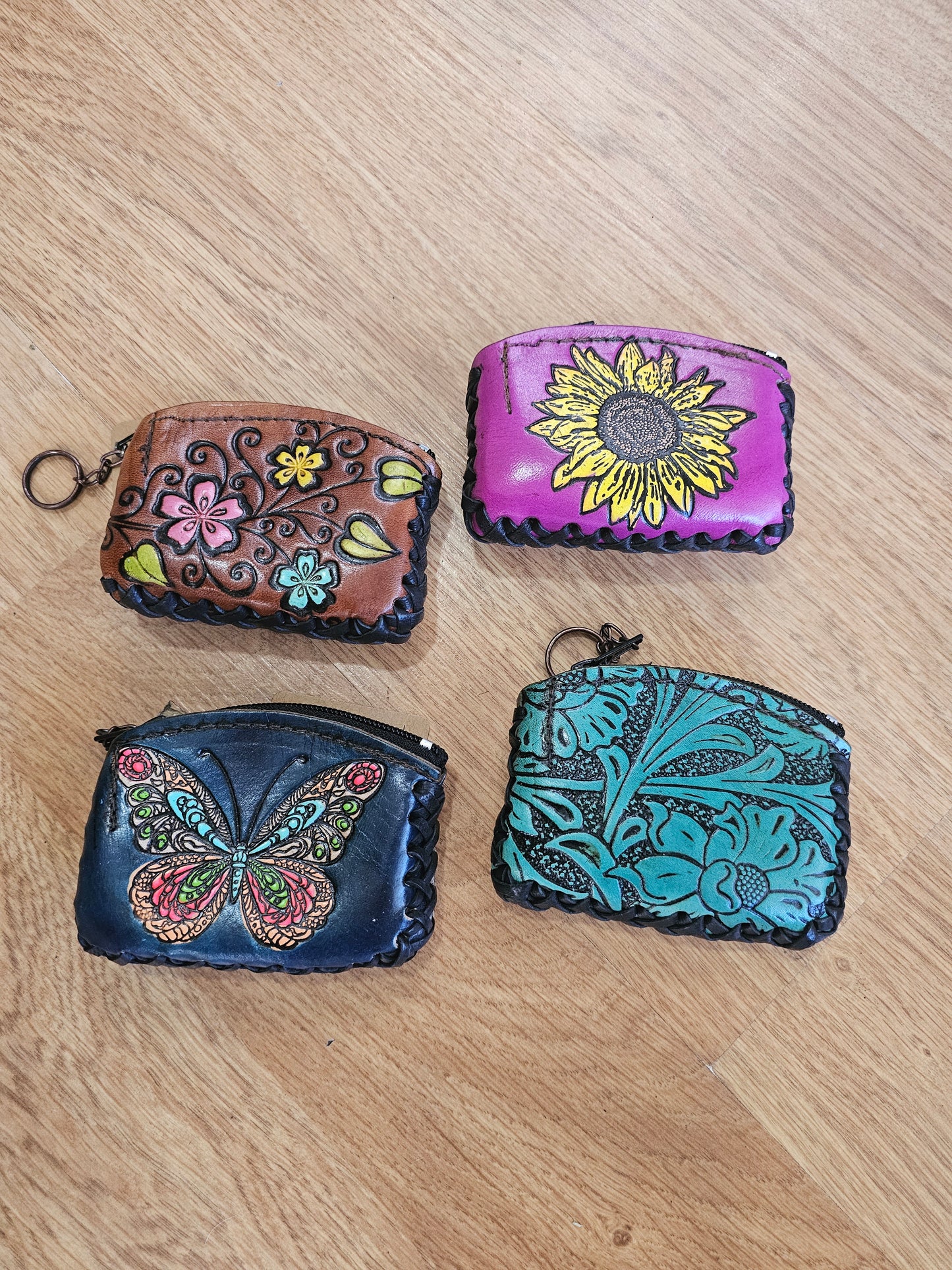 Leather Coin Pouch Key Chain Hand Painted Small @amorfashionshop.com