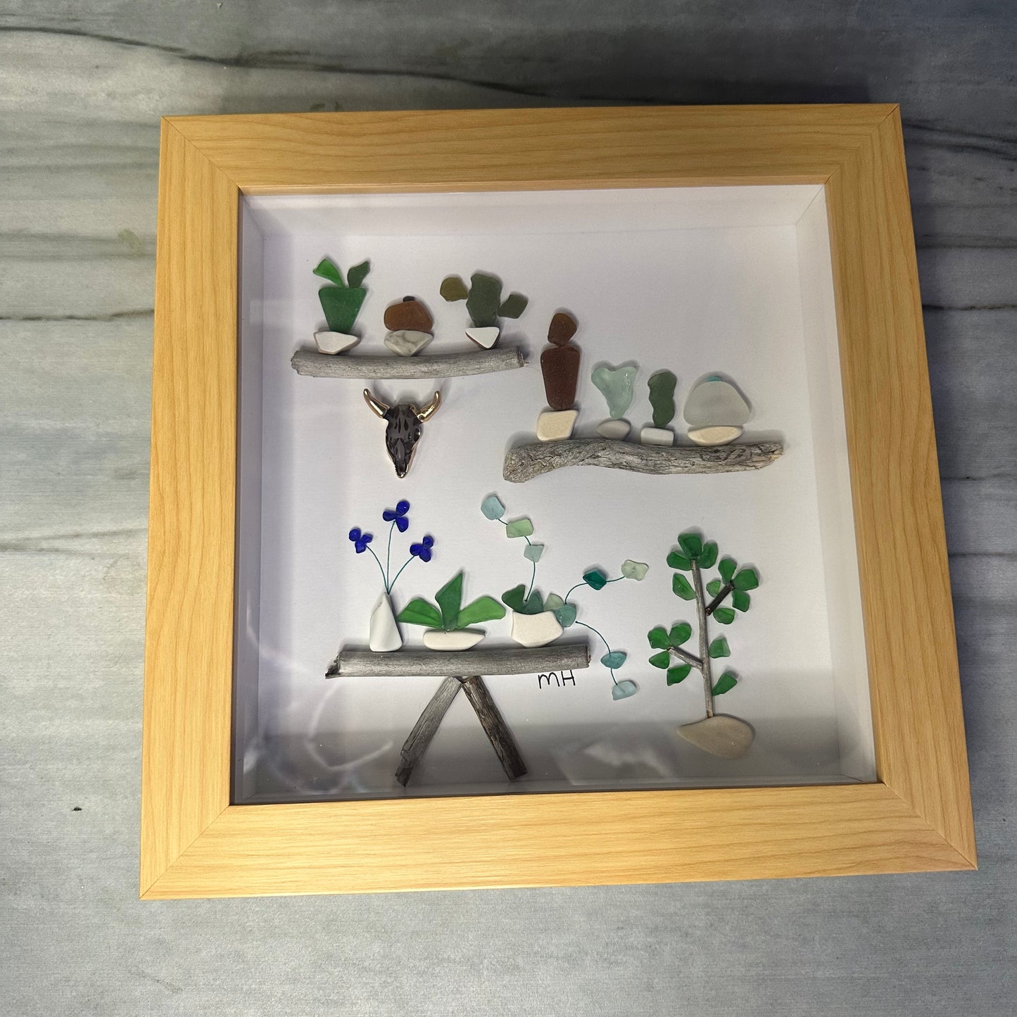 Plant Bench Tree & Cow Skull Sea Glass Artwork - Crazy Plant Lady Gifts