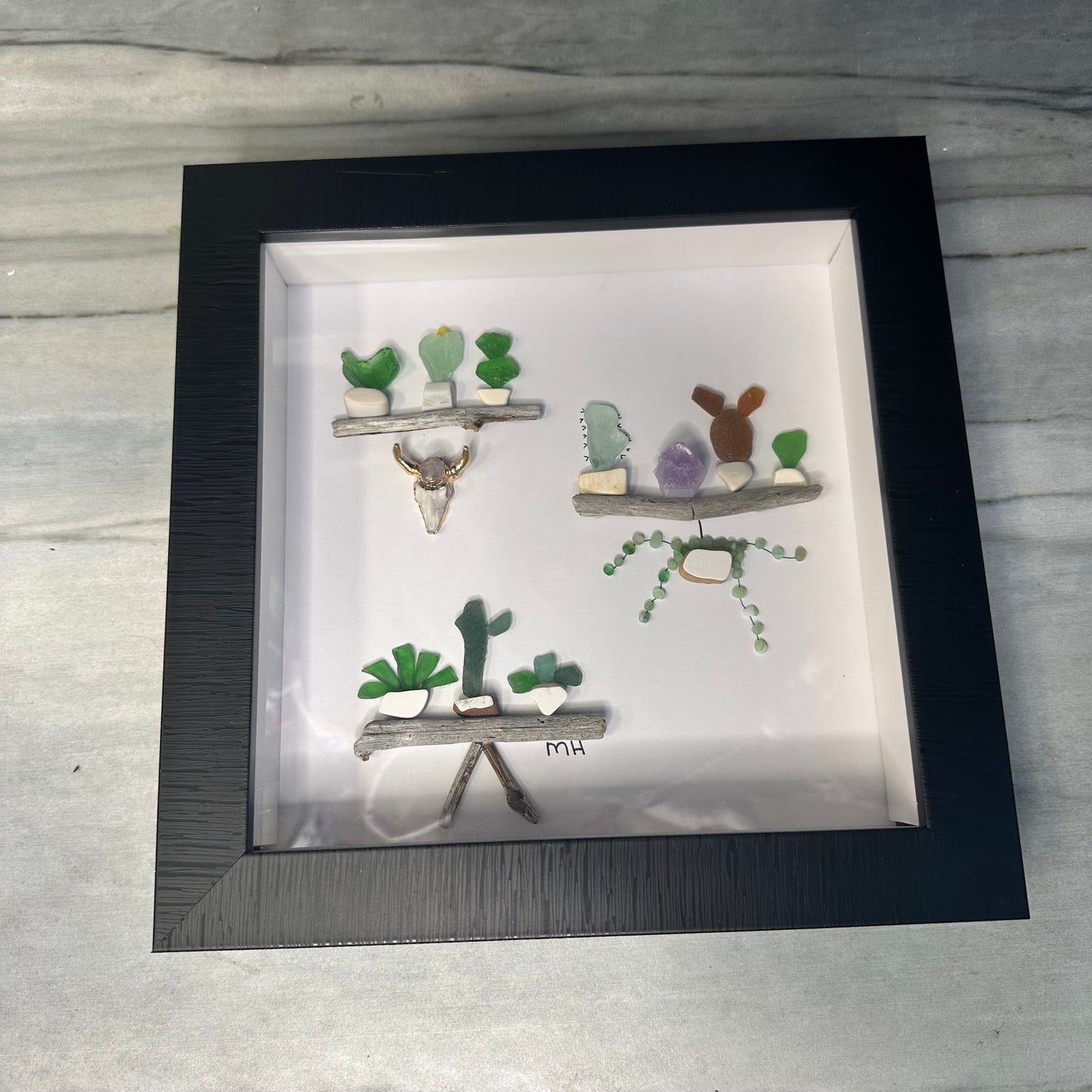 Plant Bench, Cow Skull & Amethyst Sea Glass Artwork - Crazy Plant Lady Gifts