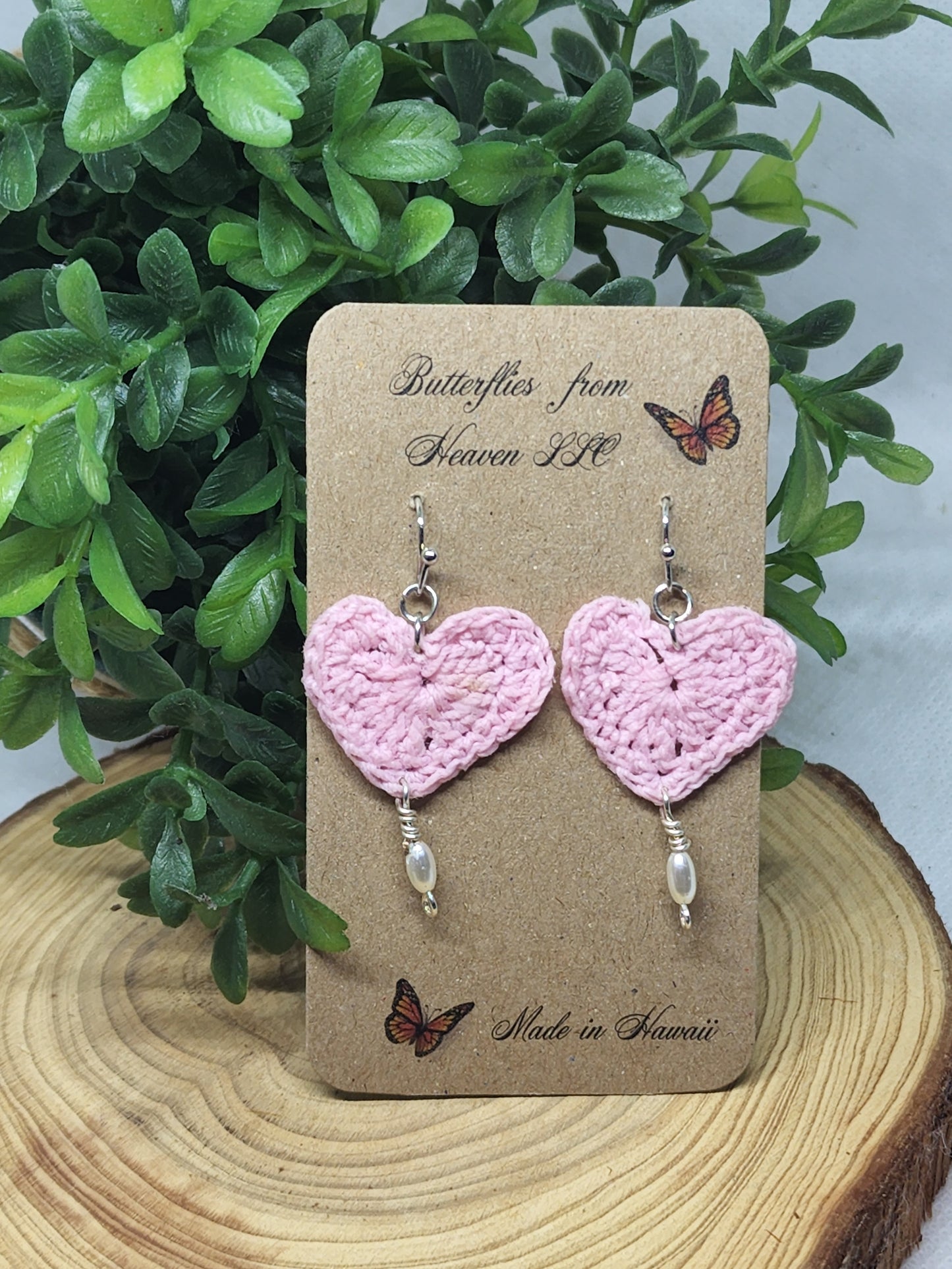 Crochet Lg Hearts dangle earrings - BUTTERFLIES FROM HEAVEN