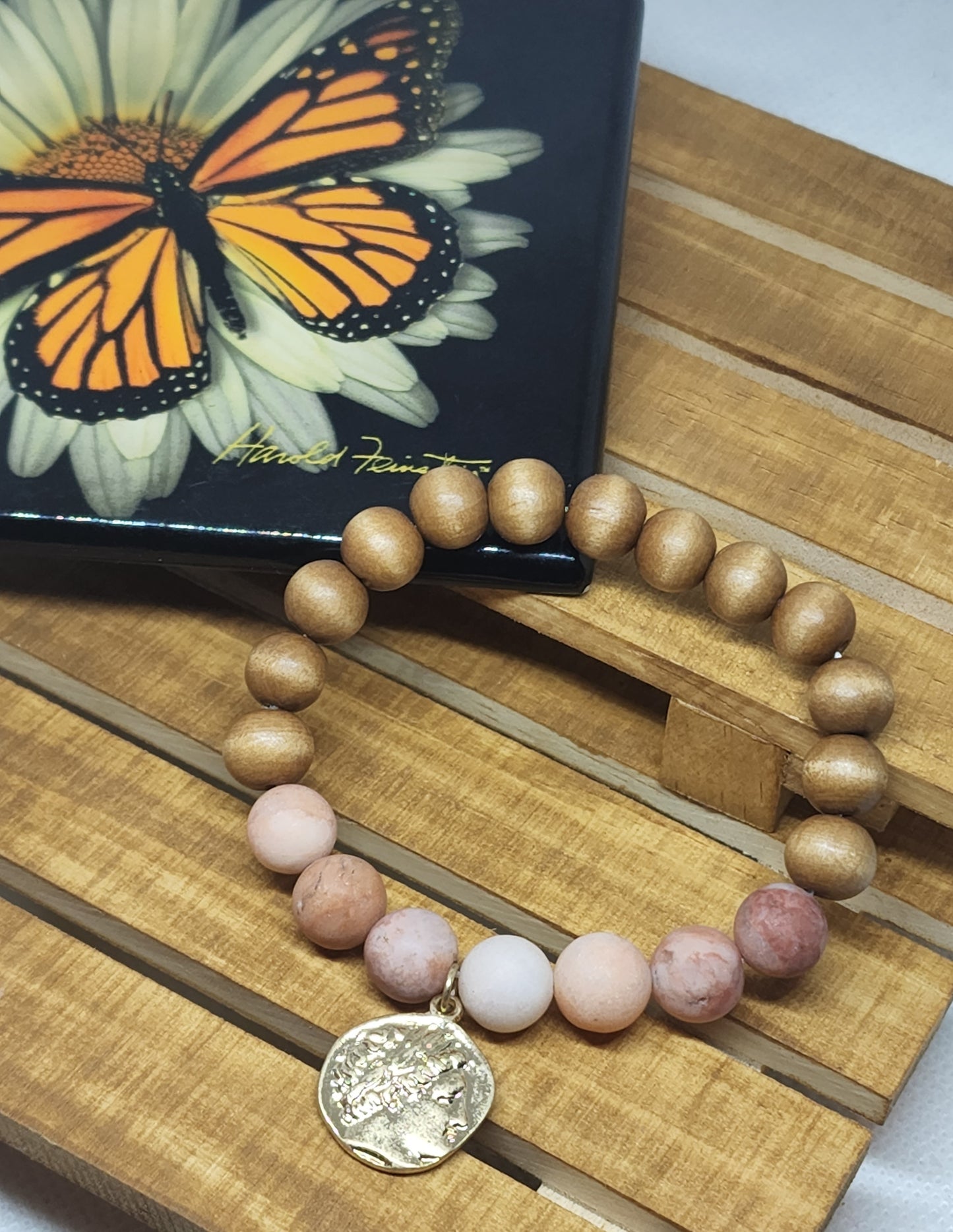 Semiprecious gemstone & wooden beaded bracelet - BUTTERFLIES FROM HEAVEN