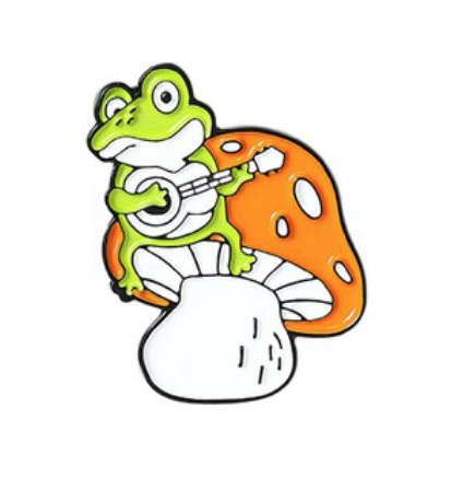 Orange Mushroom with Musical Frog Enamel Pin - Crazy Plant Lady Gifts