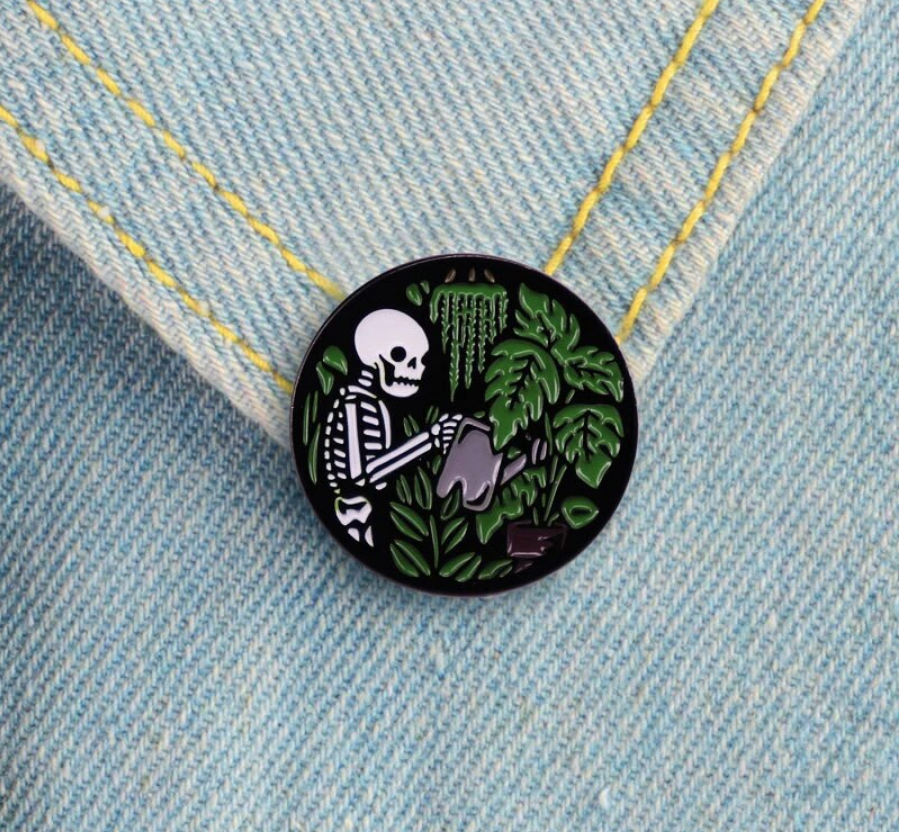 Skull Watering Plants Enamel Pin - Crazy Plant Lady Gifts