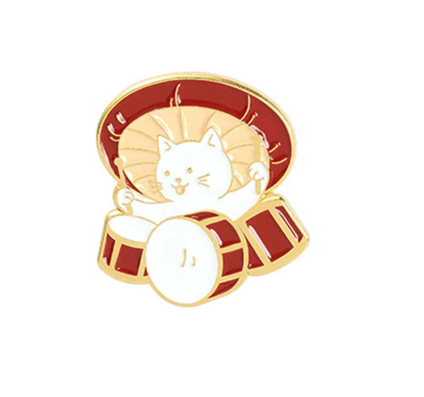 Red Cat Mushroom Playing Drums Enamel Pin - Crazy Plant Lady Gifts