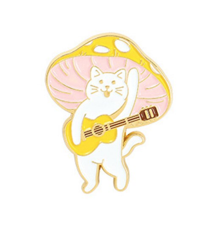 Yellow Cat Mushroom with Guitar Enamel Pin - Crazy Plant Lady Gifts