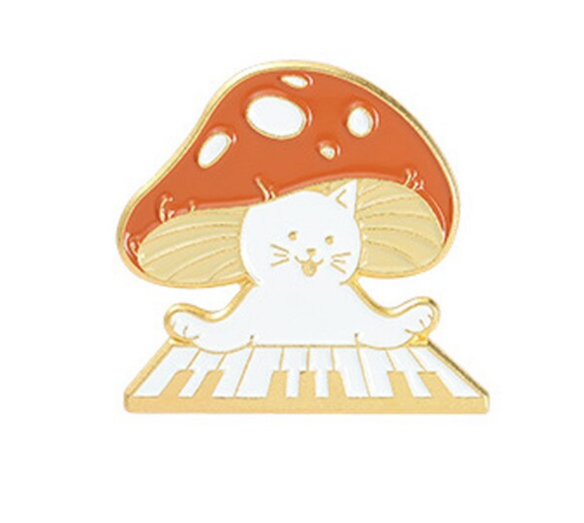 Red Cat Mushroom Playing Keyboard Enamel Pin - Crazy Plant Lady Gifts