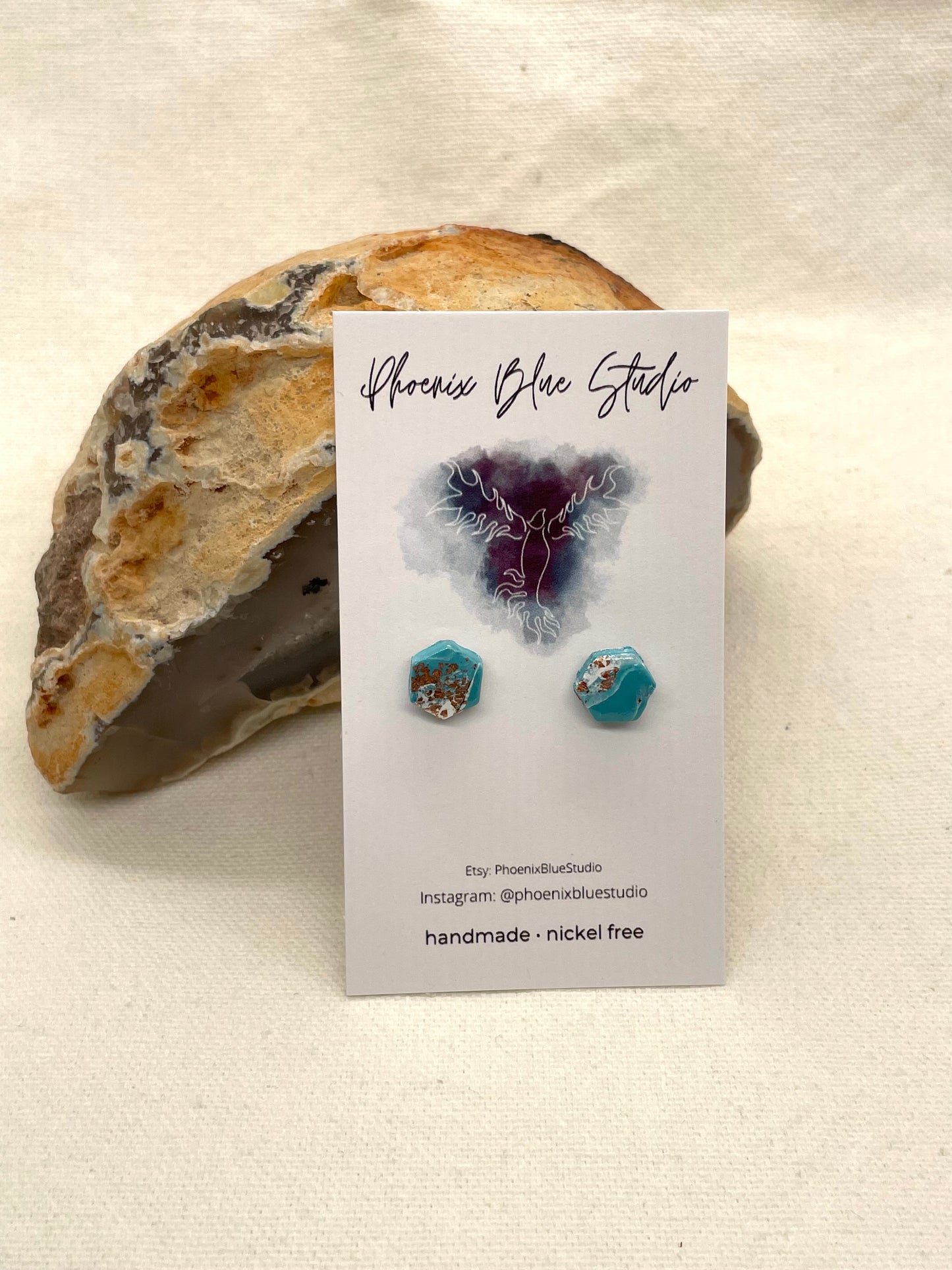 Turquoise Hexagon Stud Earrings- Phoenix Blue Studio